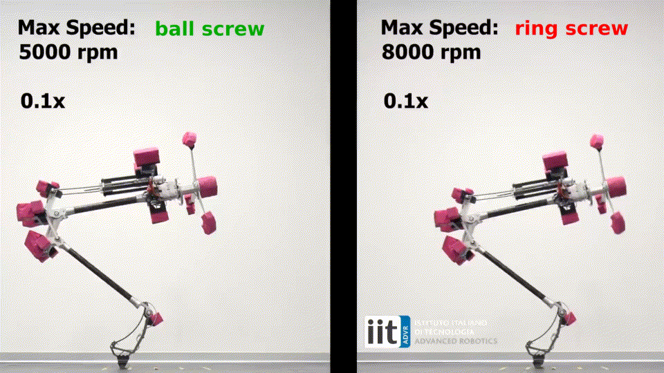 Ball screw versus ring screw, frame-synced side by side